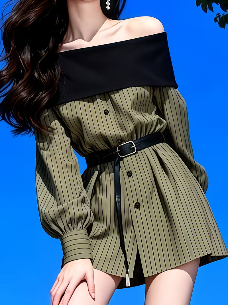 Petite Off-the-Shoulder Long Sleeve Striped Shirt Dress, Stylish Short Skirt