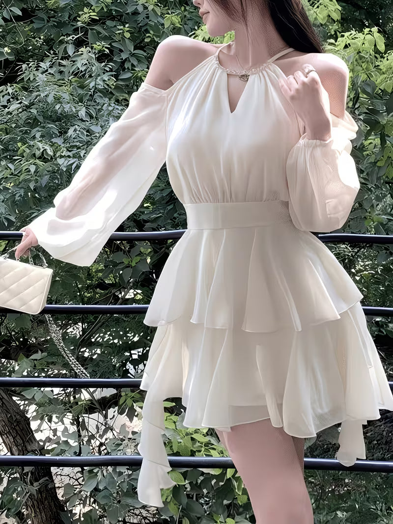 Ladies' Light Luxury Atmosphere, Apricot White Hanging Neck Off Shoulder Satin Dress with Diamond Embellishment, V-neck Cinched Waist, Multi-layer Ruffle Edge Irregular Cake Skirt