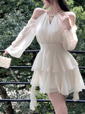 Ladies' Light Luxury Atmosphere, Apricot White Hanging Neck Off Shoulder Satin Dress with Diamond Embellishment, V-neck Cinched Waist, Multi-layer Ruffle Edge Irregular Cake Skirt