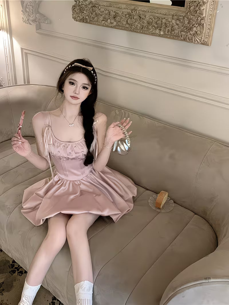 Women's Summer Dress with Budding Floral Pattern, Iridescent Tie-Up Spaghetti Suspender Dress