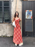 Lace V-neck Red Plaid Strapless Dress for Women, Suitable for Spring and Summer, Sexy, Waist-cinching,, Holiday Style, Figure-hugging Long Dress