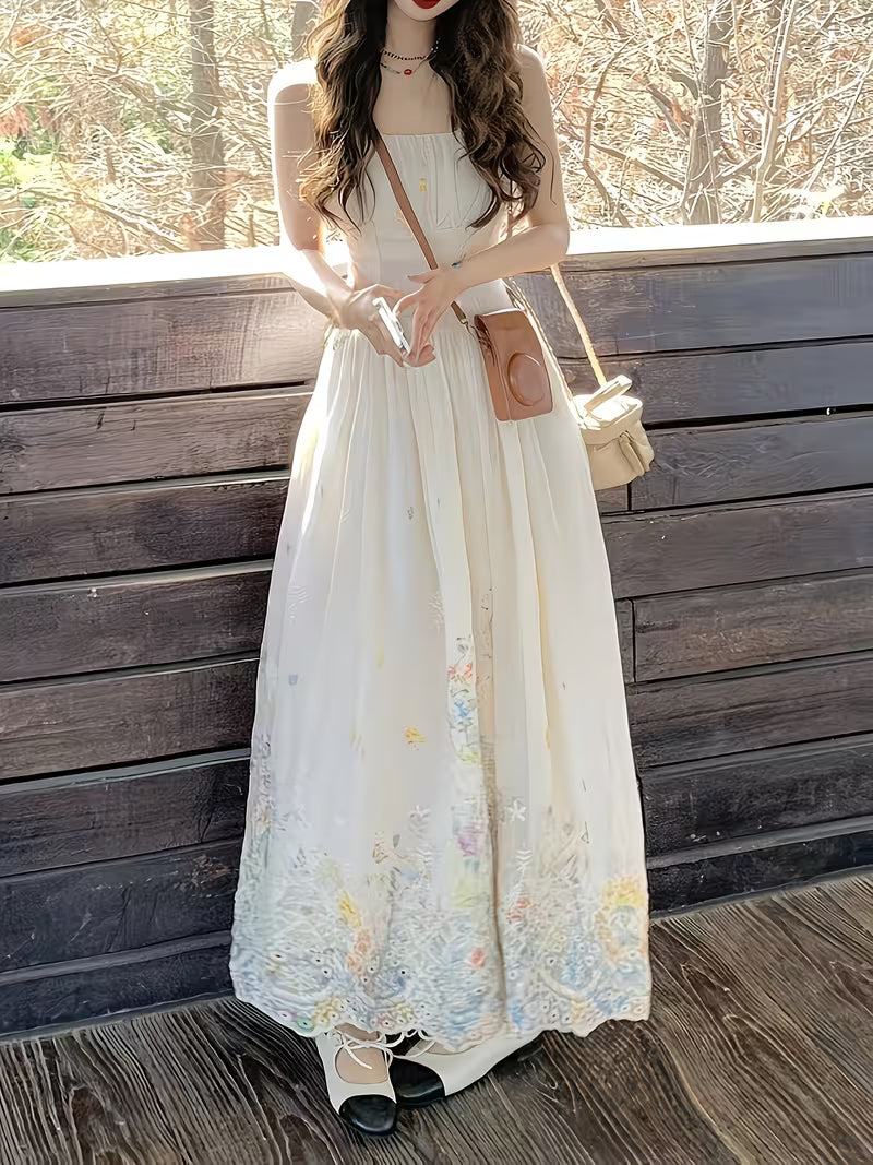 Women's French-Style -Line Dress with Spaghetti Strap & Waist-Cinching Fit - Small Floral Print Vest Dress Suitable for Vacation,, Wedding Guest Dress, Machine Washable Long Dress