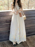 Women's French-Style -Line Dress with Spaghetti Strap & Waist-Cinching Fit - Small Floral Print Vest Dress Suitable for Vacation,, Wedding Guest Dress, Machine Washable Long Dress