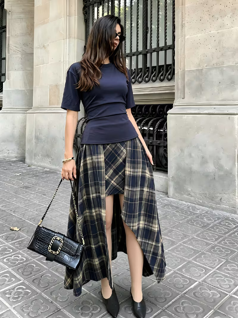 Women'S Two-Piece Set, Summer, Back Drawstring, Slim-Fit T-Shirt, Plaid Double-Layer Irregular Skirt Set, Women'S Elegant Two-Piece Set