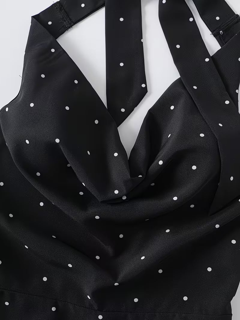 Women's Cowl Neck Backless Lace-up Bow Mini Dress, Elegant Black and White Polka Dot Print Dress