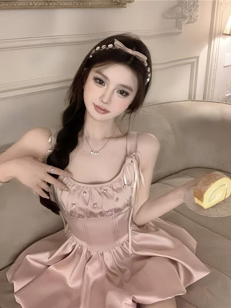 Women's Summer Dress with Budding Floral Pattern, Iridescent Tie-Up Spaghetti Suspender Dress