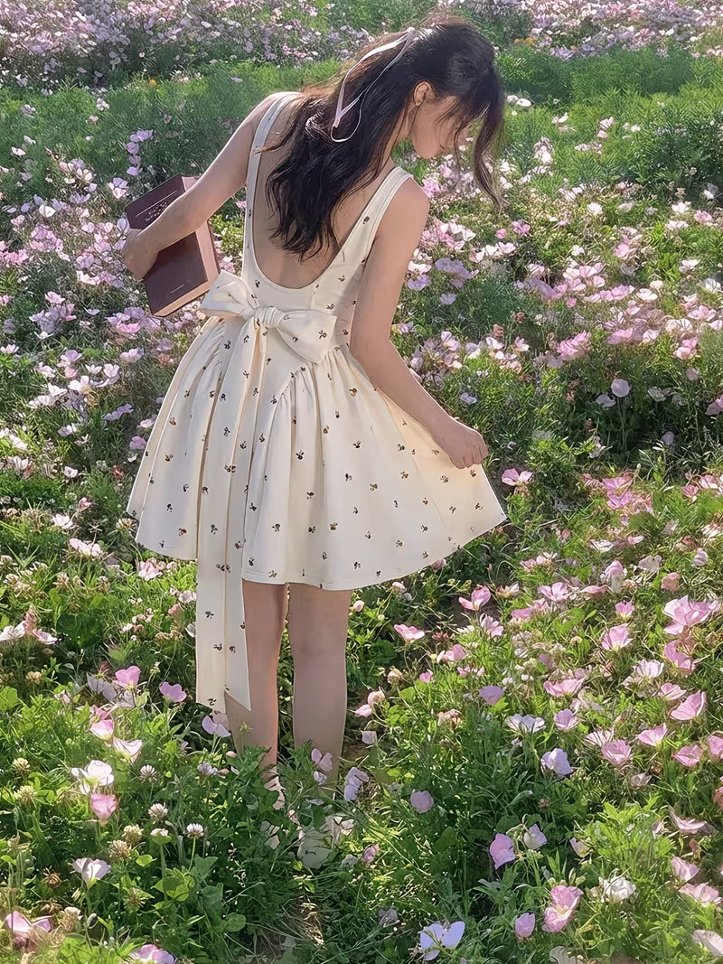 Women's Summer Mini Dress with Floral Print, Fitted Waist and Bow Tie at the Back