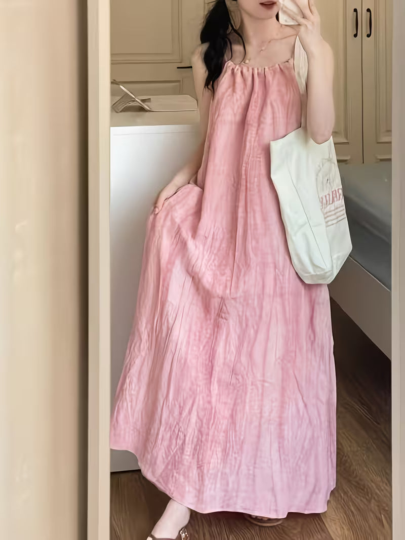 Women's Ombre Sleeveless Camisole Maxi Dress - Loose Beach Dress with Spaghetti Strap, Solid Pink Suitable for Summer Vacations, Seaside Weddings & Poolside Outfits, Machine Washable Long Dress