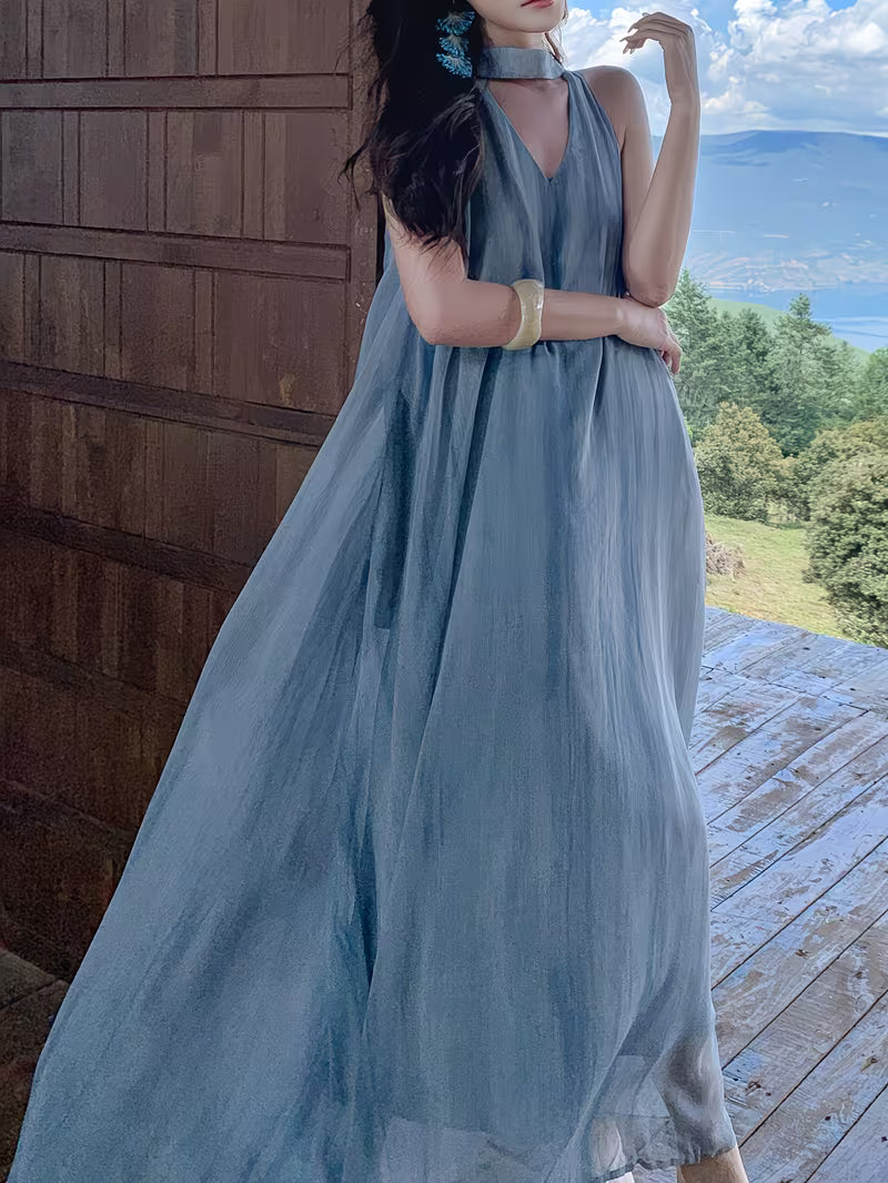 Elegant Halter Neck Sleeveless A-Line Dress | Blue Printed, Backless, Loose Fit