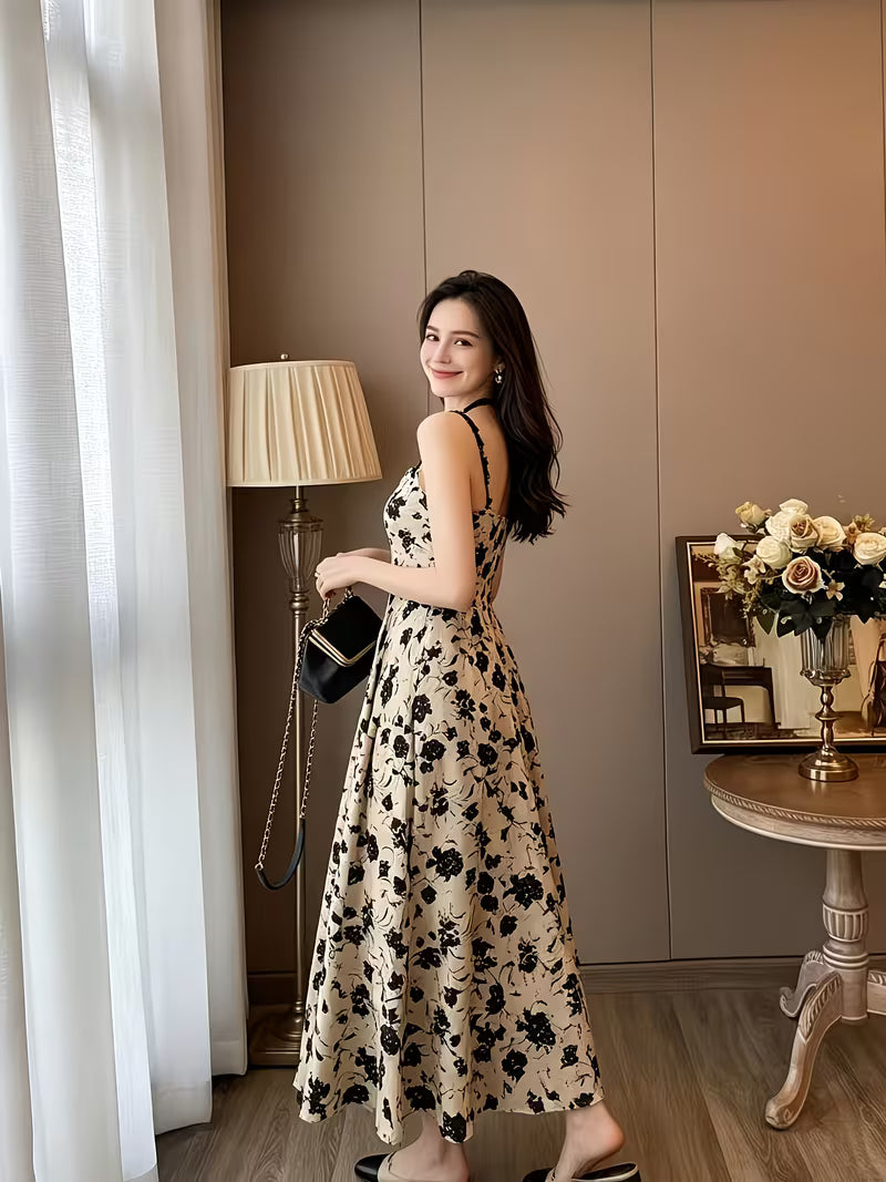 Bohemian Floral Print Spaghetti Suspender Dress for Women, New Spring French-Style Vintage Hepburn-Inspired High-End Temperament Party Outdoor Gathering Ready-to-Wear Long Evening Dress