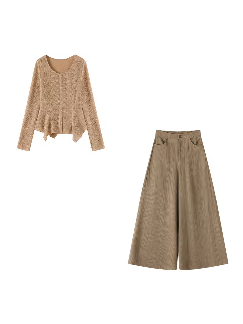 Cardigan + Long Pants, New Summer Women's Pants Suit, Light Oxygen Set, Daily Commute Office Wear, Spring/Summer New Women's Clothing, Elegant Bell Sleeve Irregular Waist-Cinching Top with Draping Wide-Leg Pants in Ombre Color