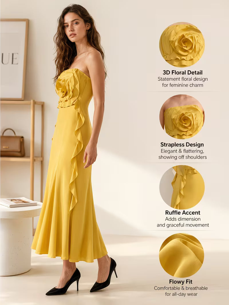 Women Strapless 3D Floral Decor Long Dress