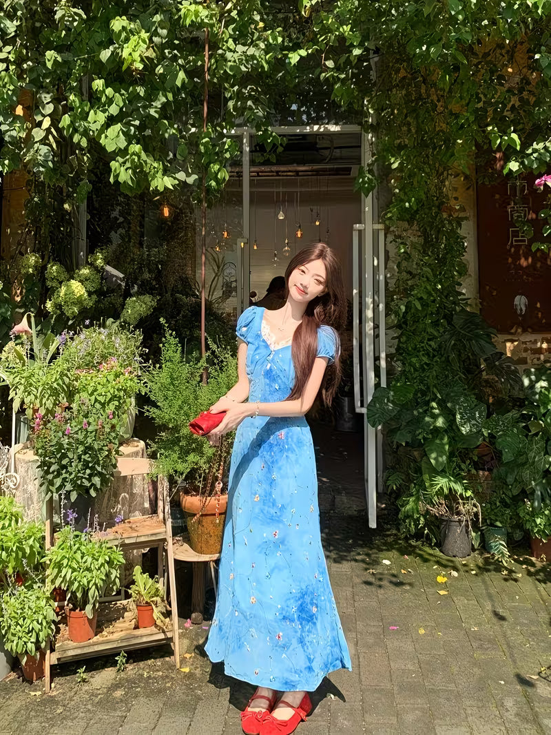 French Floral Temperament Dress for Women'S Summer Travel Outfit, Unique And Beautiful Women'S Vacation Long Dress