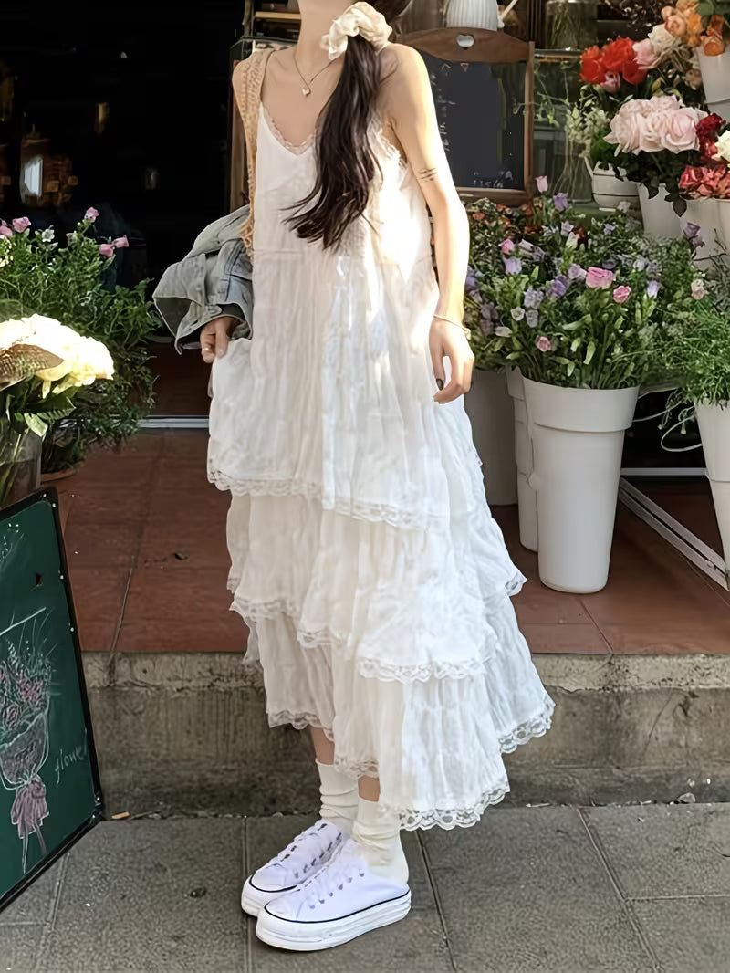 Solid Color Suspender Dress Women'S Summer Sweet Lace Cake Skirt Seaside Vacation Beach Skirt Temperament Long Skirt