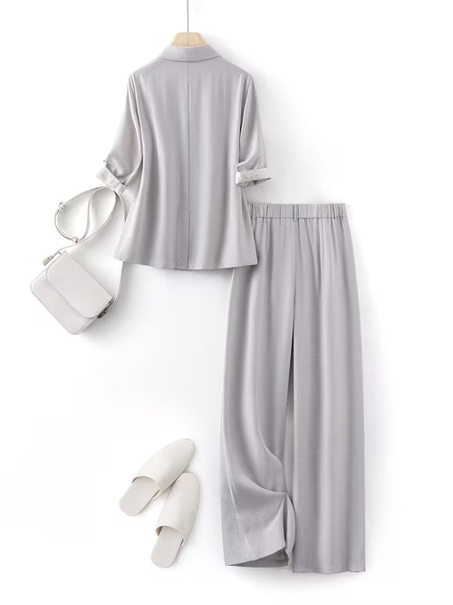 2pcs New Women's Spring/Summer Pants Set, Simple and Lightweight Professional Outfit, Three-Quarter Sleeve Blazer + Dress Pants
