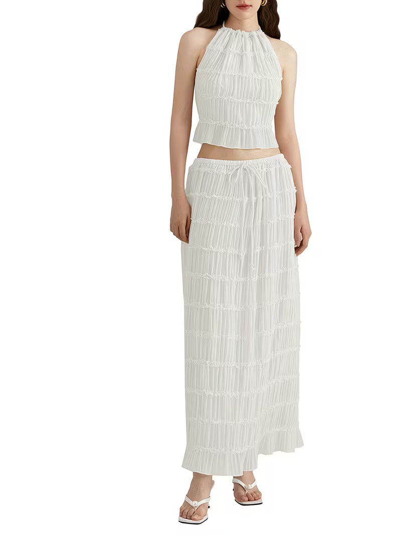 Women'S Two Piece Summer Outfits Sleeveless Ruched Halter Cami Tops and Long Skirt Set Beachwear, Vacation Style, Solid Color, All-Season, Casual Attire|Vacation Outfit|Polyester Fabric