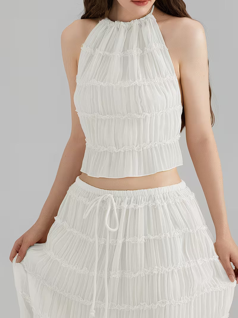 Women'S Two Piece Summer Outfits Sleeveless Ruched Halter Cami Tops and Long Skirt Set Beachwear, Vacation Style, Solid Color, All-Season, Casual Attire|Vacation Outfit|Polyester Fabric