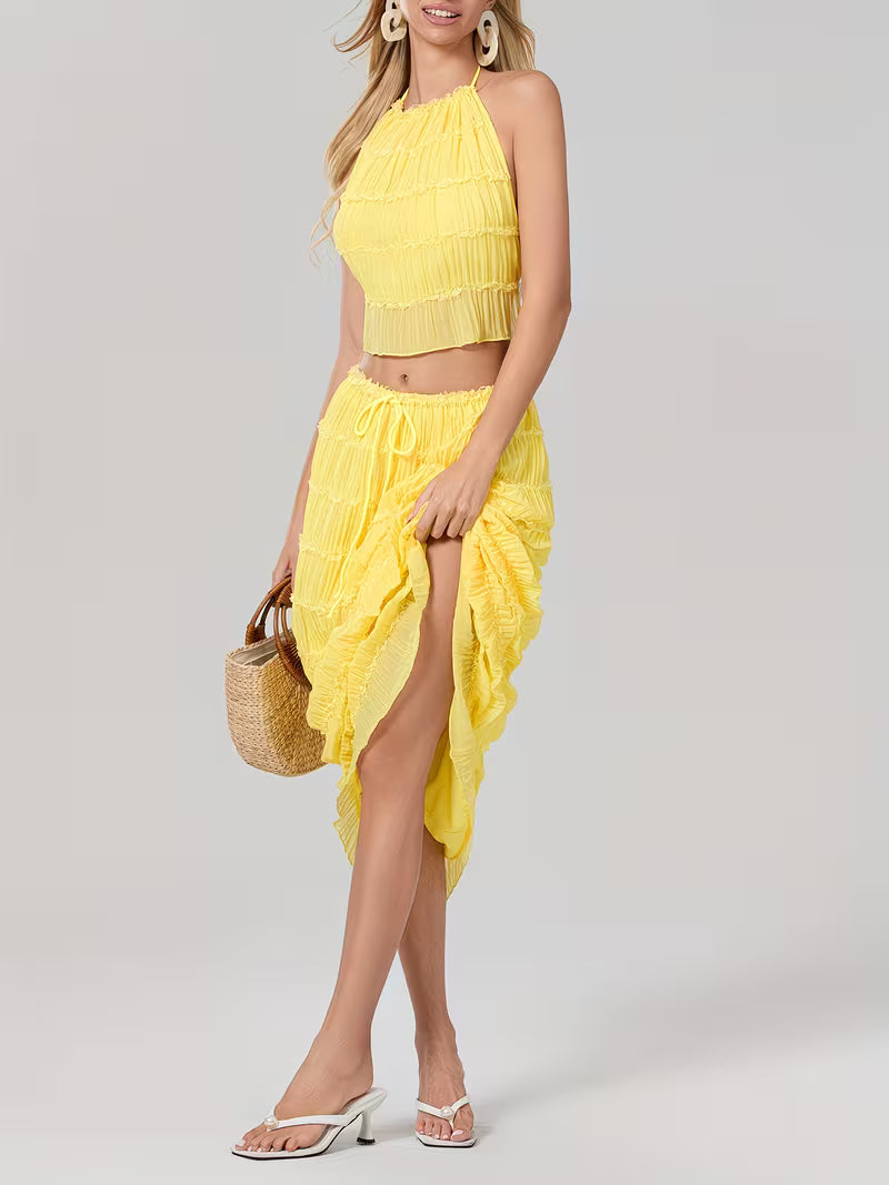 Women'S Two Piece Summer Outfits Sleeveless Ruched Halter Cami Tops and Long Skirt Set Beachwear, Vacation Style, Solid Color, All-Season, Casual Attire|Vacation Outfit|Polyester Fabric