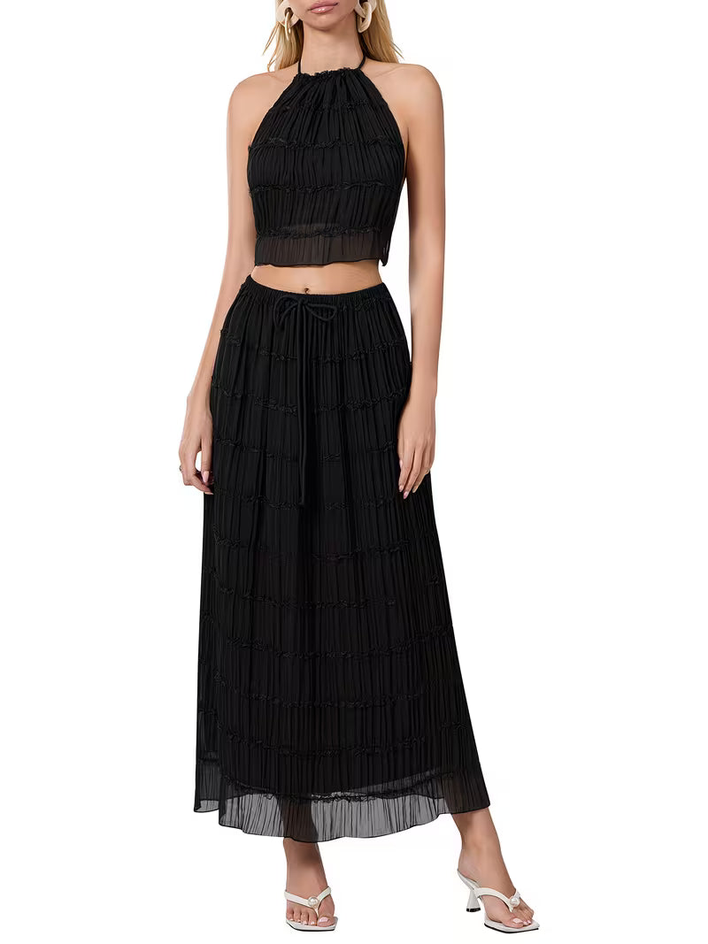Women'S Two Piece Summer Outfits Sleeveless Ruched Halter Cami Tops and Long Skirt Set Beachwear, Vacation Style, Solid Color, All-Season, Casual Attire|Vacation Outfit|Polyester Fabric