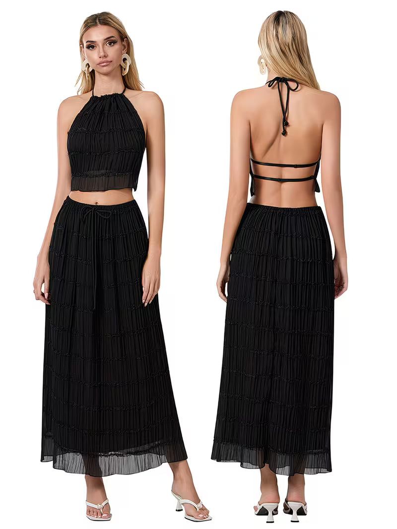 Women'S Two Piece Summer Outfits Sleeveless Ruched Halter Cami Tops and Long Skirt Set Beachwear, Vacation Style, Solid Color, All-Season, Casual Attire|Vacation Outfit|Polyester Fabric