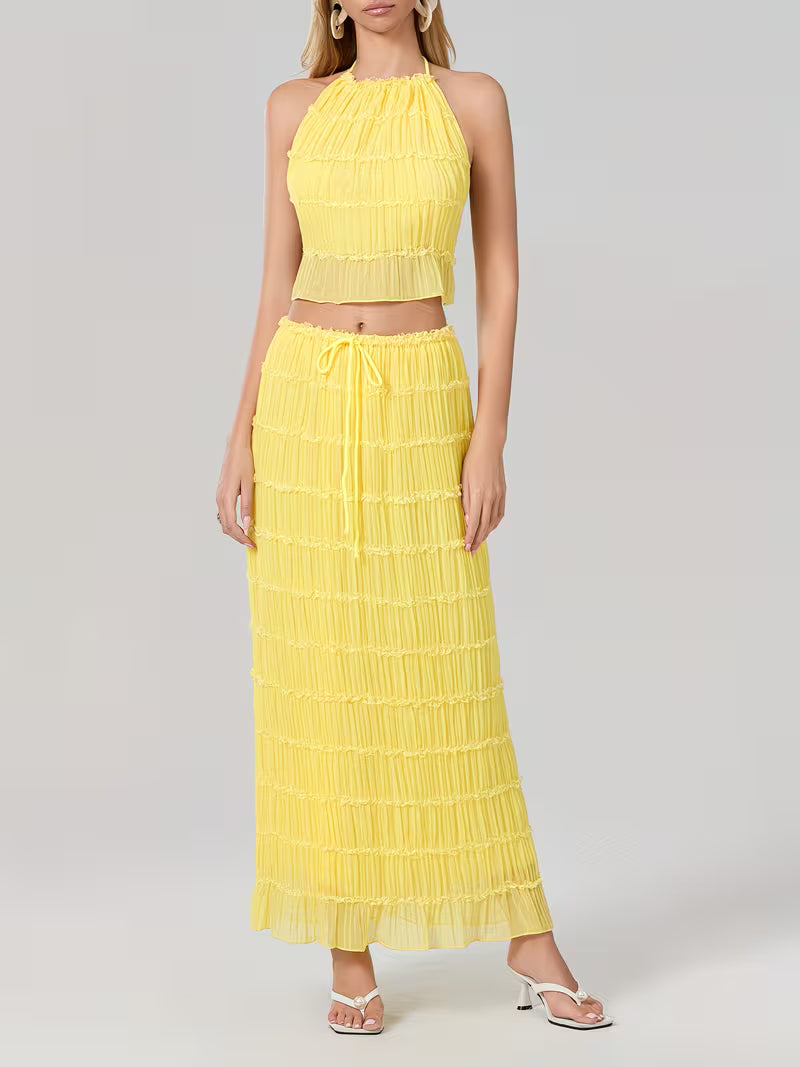 Women'S Two Piece Summer Outfits Sleeveless Ruched Halter Cami Tops and Long Skirt Set Beachwear, Vacation Style, Solid Color, All-Season, Casual Attire|Vacation Outfit|Polyester Fabric