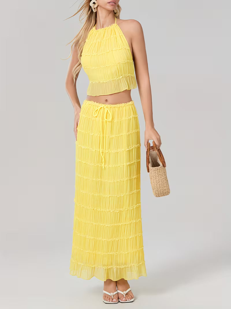 Women'S Two Piece Summer Outfits Sleeveless Ruched Halter Cami Tops and Long Skirt Set Beachwear, Vacation Style, Solid Color, All-Season, Casual Attire|Vacation Outfit|Polyester Fabric