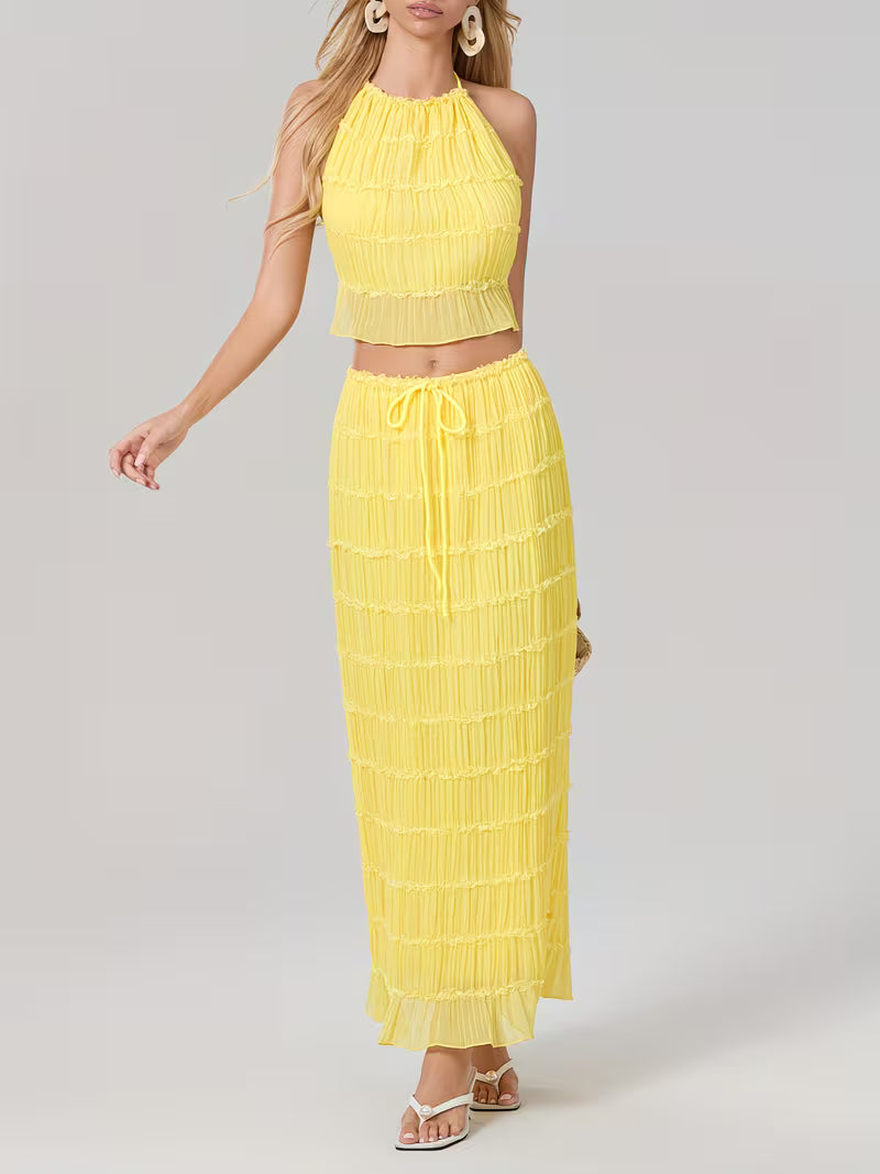 Women'S Two Piece Summer Outfits Sleeveless Ruched Halter Cami Tops and Long Skirt Set Beachwear, Vacation Style, Solid Color, All-Season, Casual Attire|Vacation Outfit|Polyester Fabric