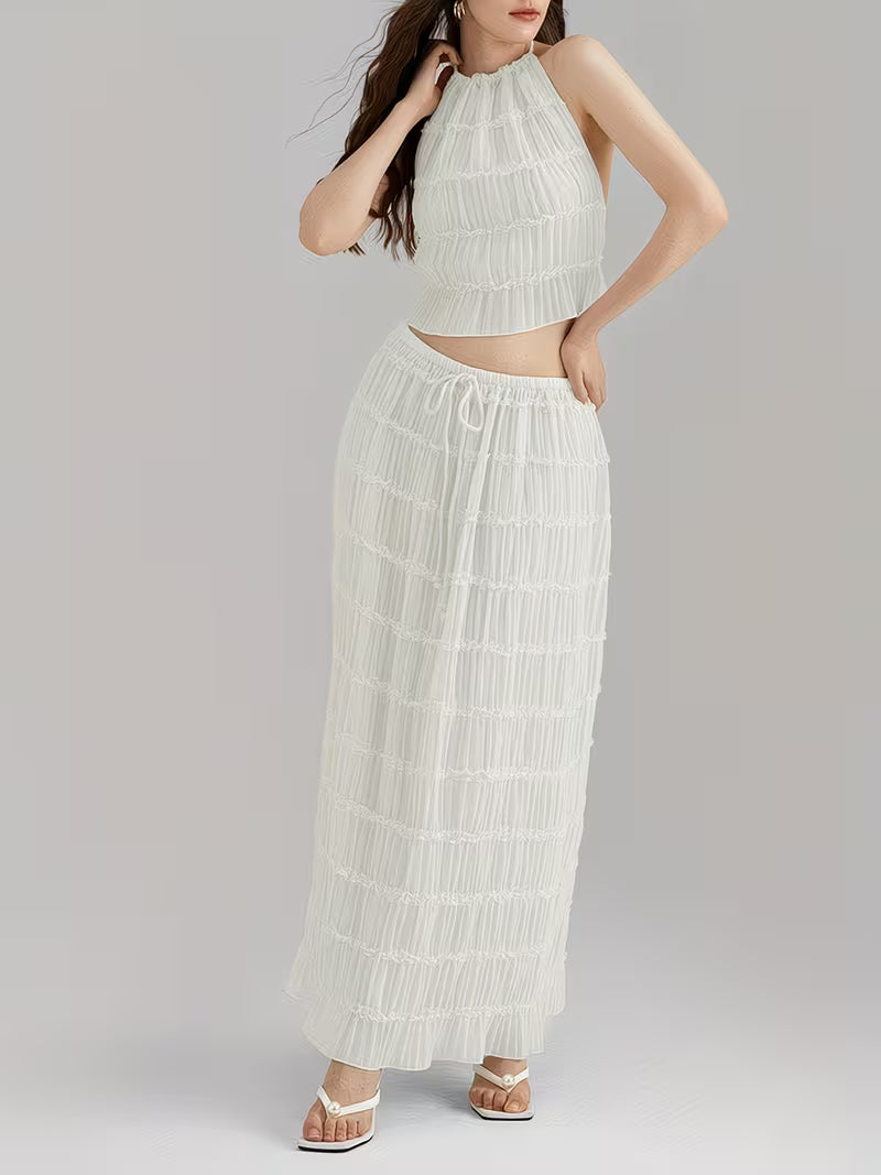 Women'S Two Piece Summer Outfits Sleeveless Ruched Halter Cami Tops and Long Skirt Set Beachwear, Vacation Style, Solid Color, All-Season, Casual Attire|Vacation Outfit|Polyester Fabric