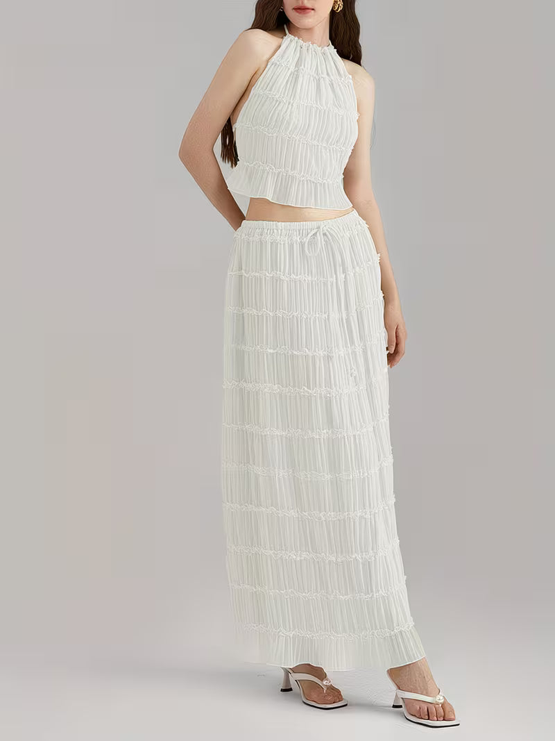 Women'S Two Piece Summer Outfits Sleeveless Ruched Halter Cami Tops and Long Skirt Set Beachwear, Vacation Style, Solid Color, All-Season, Casual Attire|Vacation Outfit|Polyester Fabric