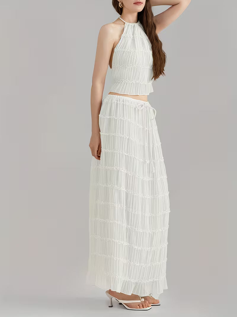 Women'S Two Piece Summer Outfits Sleeveless Ruched Halter Cami Tops and Long Skirt Set Beachwear, Vacation Style, Solid Color, All-Season, Casual Attire|Vacation Outfit|Polyester Fabric