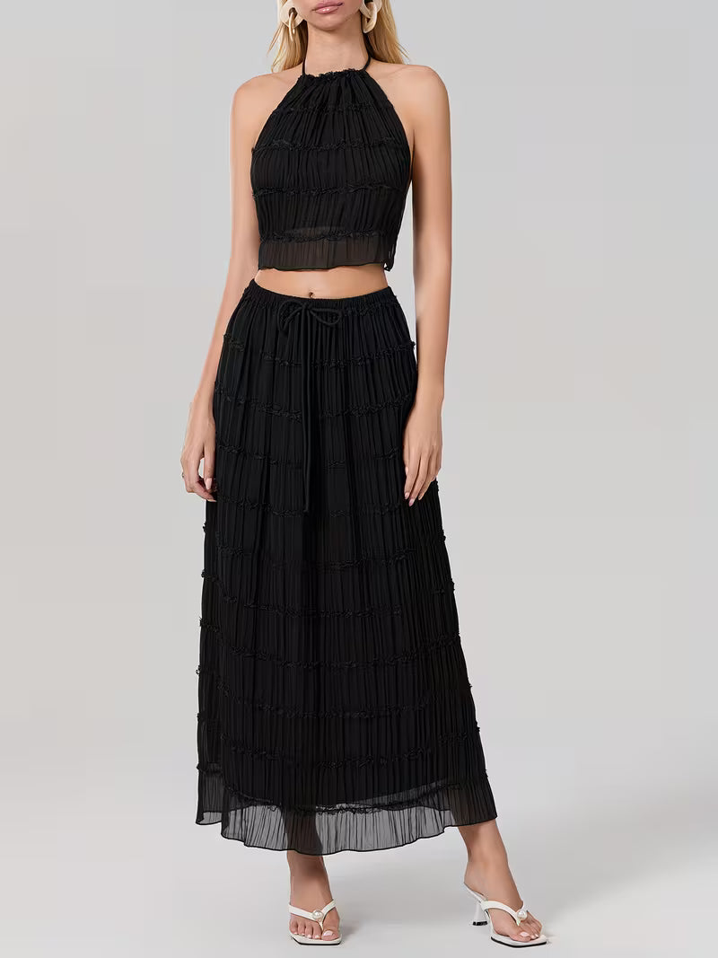 Women'S Two Piece Summer Outfits Sleeveless Ruched Halter Cami Tops and Long Skirt Set Beachwear, Vacation Style, Solid Color, All-Season, Casual Attire|Vacation Outfit|Polyester Fabric