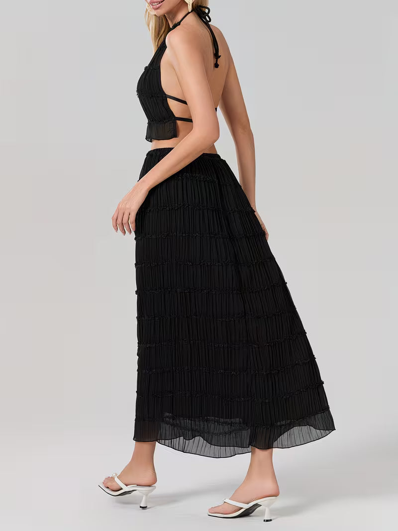 Women'S Two Piece Summer Outfits Sleeveless Ruched Halter Cami Tops and Long Skirt Set Beachwear, Vacation Style, Solid Color, All-Season, Casual Attire|Vacation Outfit|Polyester Fabric