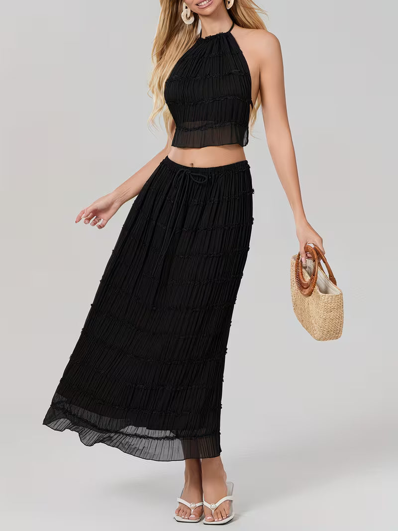Women'S Two Piece Summer Outfits Sleeveless Ruched Halter Cami Tops and Long Skirt Set Beachwear, Vacation Style, Solid Color, All-Season, Casual Attire|Vacation Outfit|Polyester Fabric