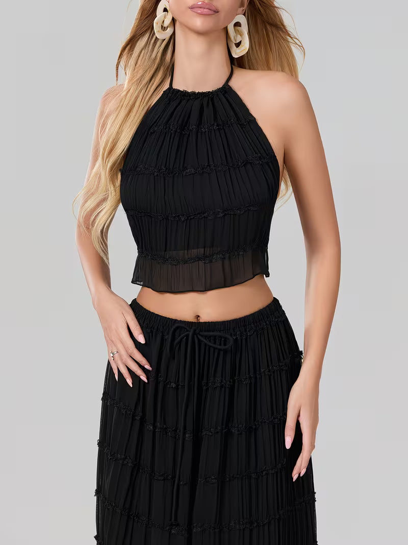 Women'S Two Piece Summer Outfits Sleeveless Ruched Halter Cami Tops and Long Skirt Set Beachwear, Vacation Style, Solid Color, All-Season, Casual Attire|Vacation Outfit|Polyester Fabric