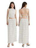 Women'S Two Piece Summer Outfits Sleeveless Ruched Halter Cami Tops and Long Skirt Set Beachwear, Vacation Style, Solid Color, All-Season, Casual Attire|Vacation Outfit|Polyester Fabric