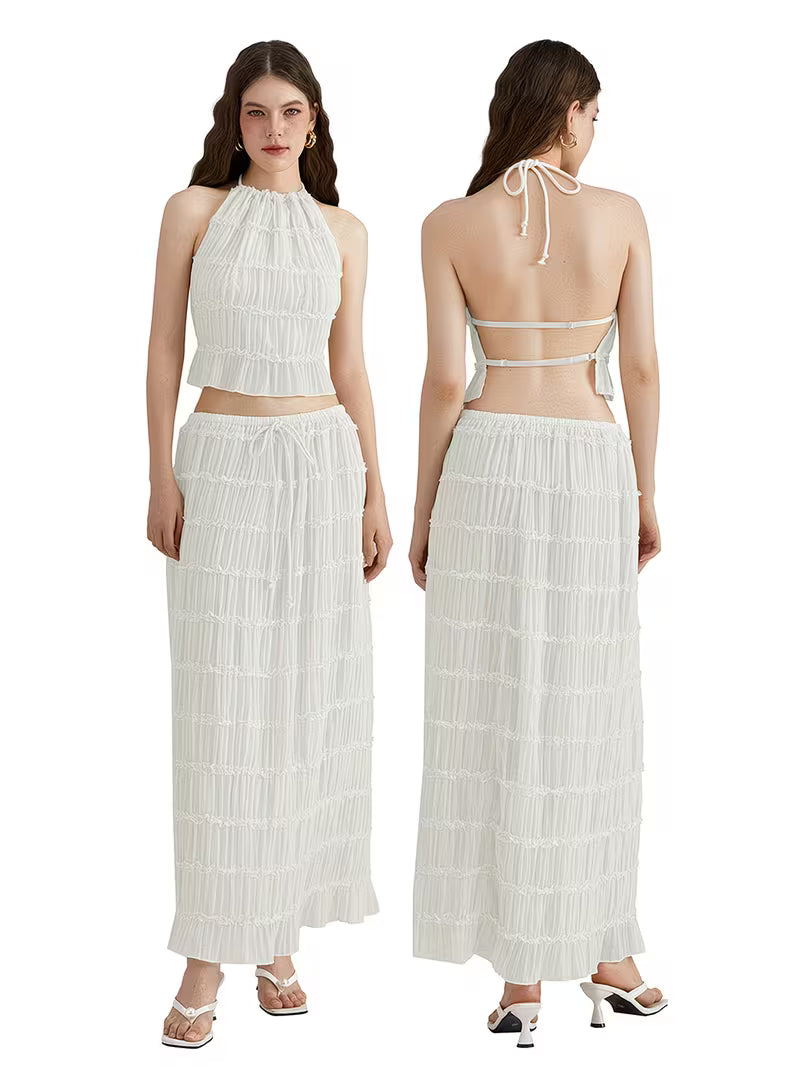 Women'S Two Piece Summer Outfits Sleeveless Ruched Halter Cami Tops and Long Skirt Set Beachwear, Vacation Style, Solid Color, All-Season, Casual Attire|Vacation Outfit|Polyester Fabric