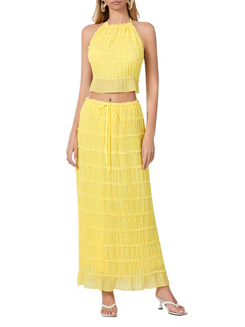 Women'S Two Piece Summer Outfits Sleeveless Ruched Halter Cami Tops and Long Skirt Set Beachwear, Vacation Style, Solid Color, All-Season, Casual Attire|Vacation Outfit|Polyester Fabric