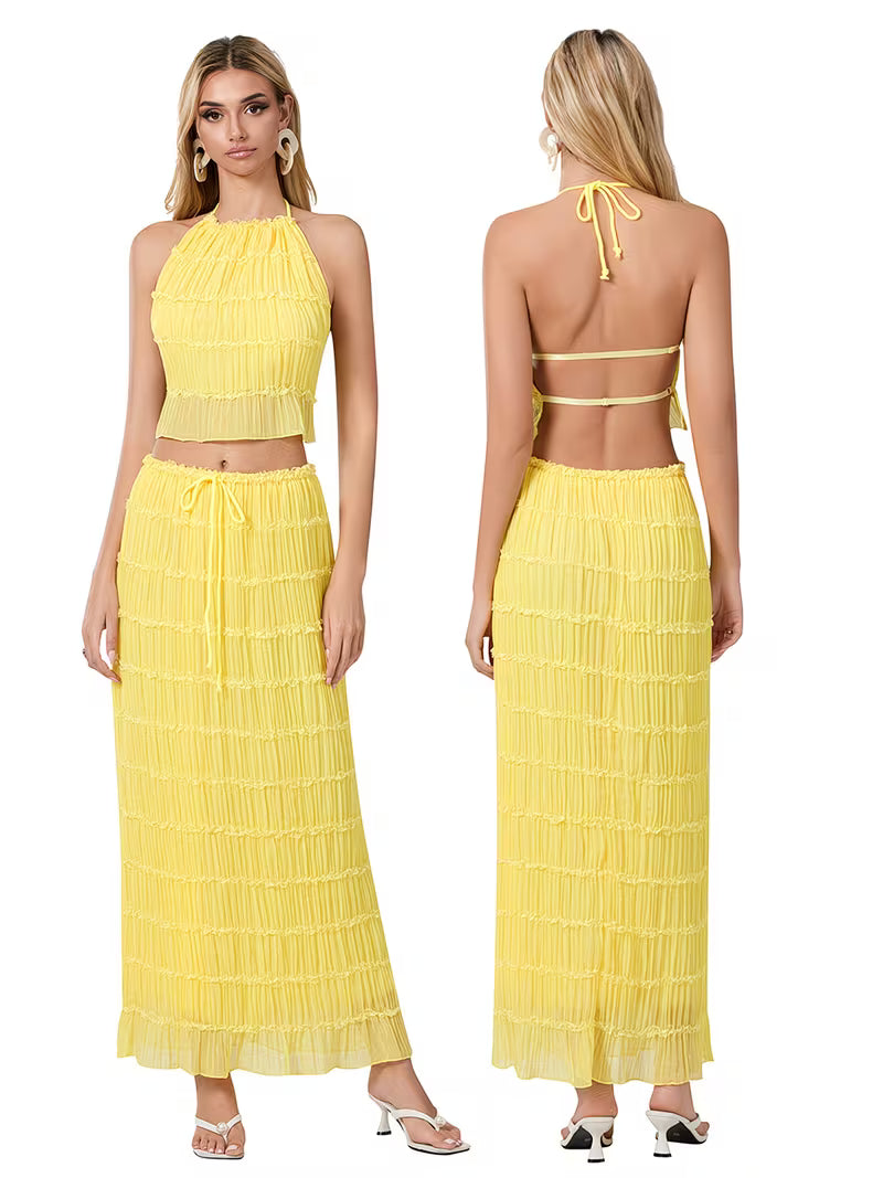 Women'S Two Piece Summer Outfits Sleeveless Ruched Halter Cami Tops and Long Skirt Set Beachwear, Vacation Style, Solid Color, All-Season, Casual Attire|Vacation Outfit|Polyester Fabric