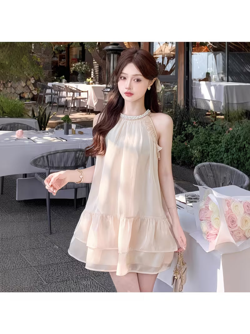 Neck Pearl Sleeveless Dress, Mesh Ruffle A-word Short Skirt, Loose Meat-covering Holiday Style