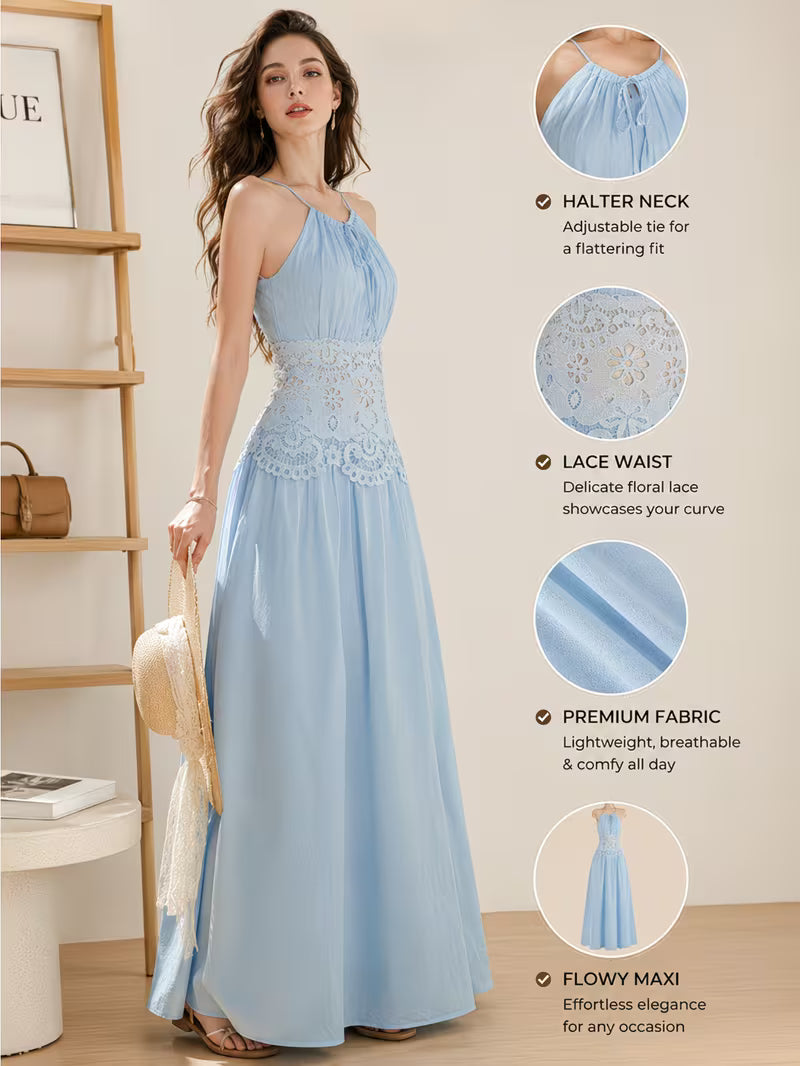 Women Halter Neck Embroidery Tie-Waist Long Dress, Vacation Essential