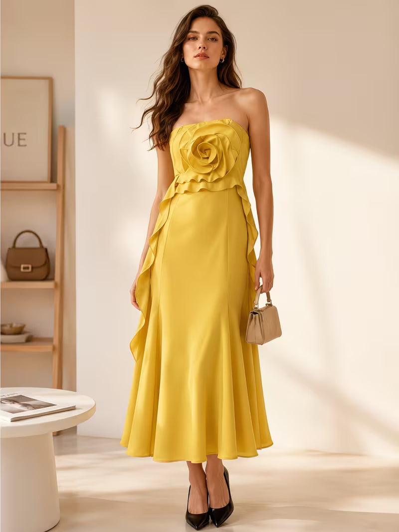 Women Strapless 3D Floral Decor Long Dress