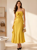 Women Strapless 3D Floral Decor Long Dress