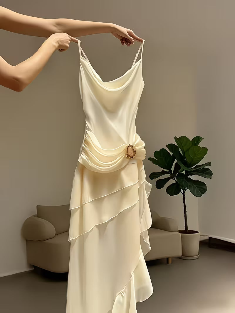 Women's Fashion Long Asymmetrical Dress - French-Style Ruffle Strap Mermaid Skirt