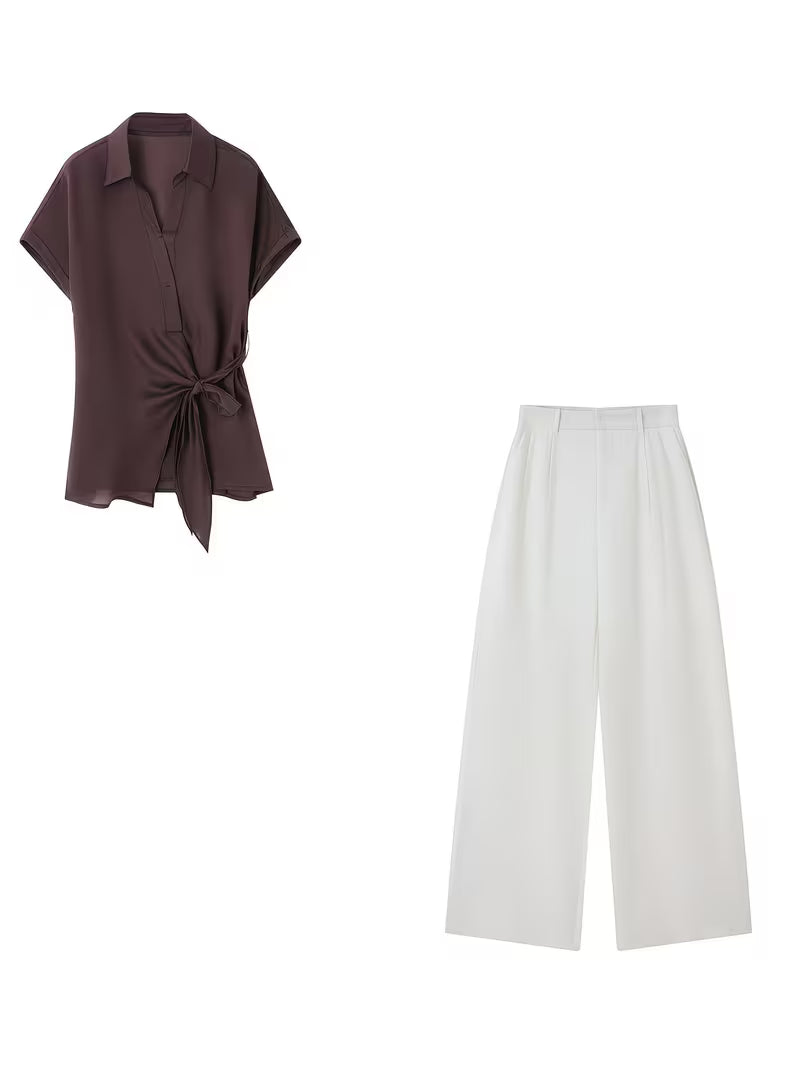Tencel Acetate Tie-Strap Designer Shirt Set, Short-Sleeve Designer Shirt Set
