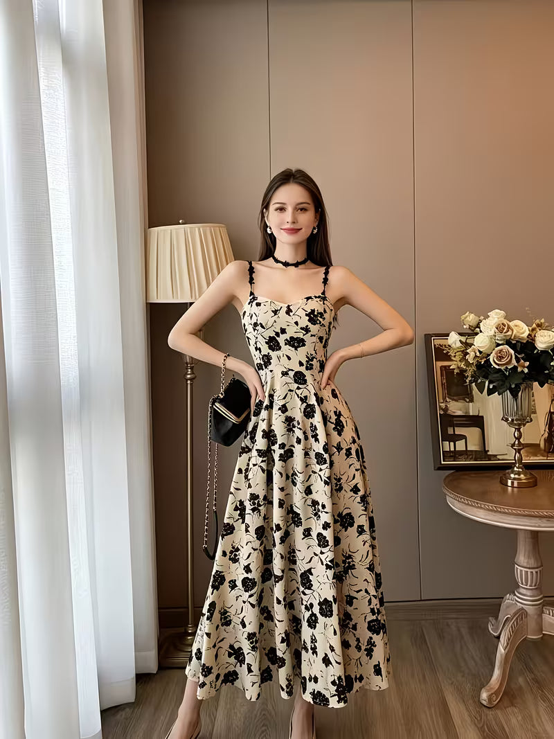 Bohemian Floral Print Spaghetti Suspender Dress for Women, New Spring French-Style Vintage Hepburn-Inspired High-End Temperament Party Outdoor Gathering Ready-to-Wear Long Evening Dress