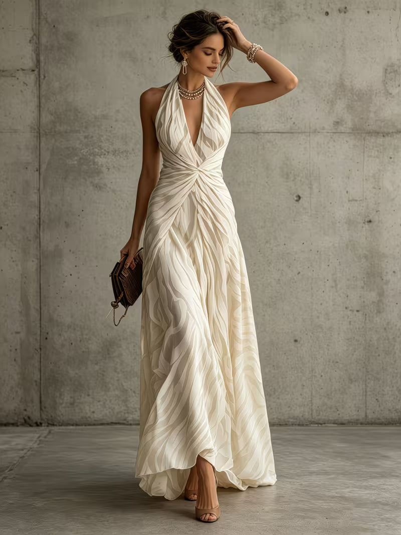 Elegant Pleated Fabric Pleated See-Through Zebra Stripe Suspender Dress