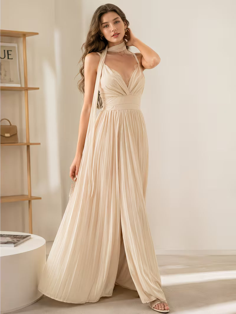 Women's Halter V-neck Sleeveless Maxi Dress High Waist Split Flowy Long Dress for Vacation Weekend Casual Daily Wear
