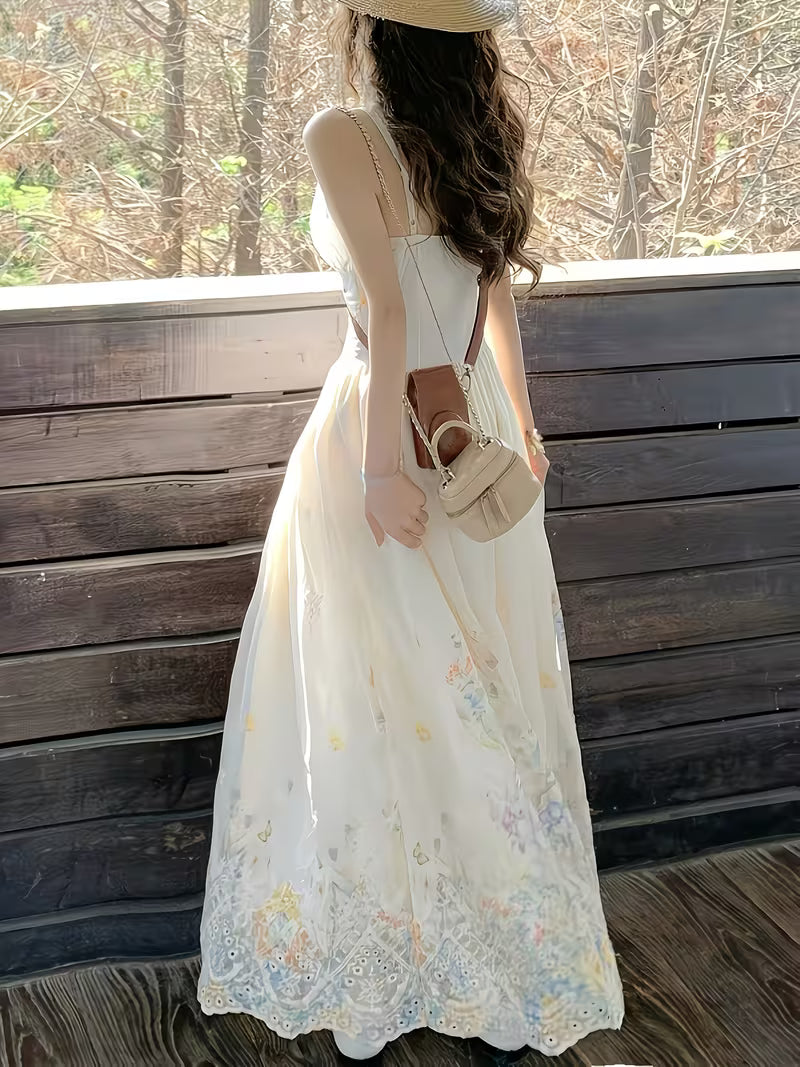 Women's French-Style -Line Dress with Spaghetti Strap & Waist-Cinching Fit - Small Floral Print Vest Dress Suitable for Vacation,, Wedding Guest Dress, Machine Washable Long Dress