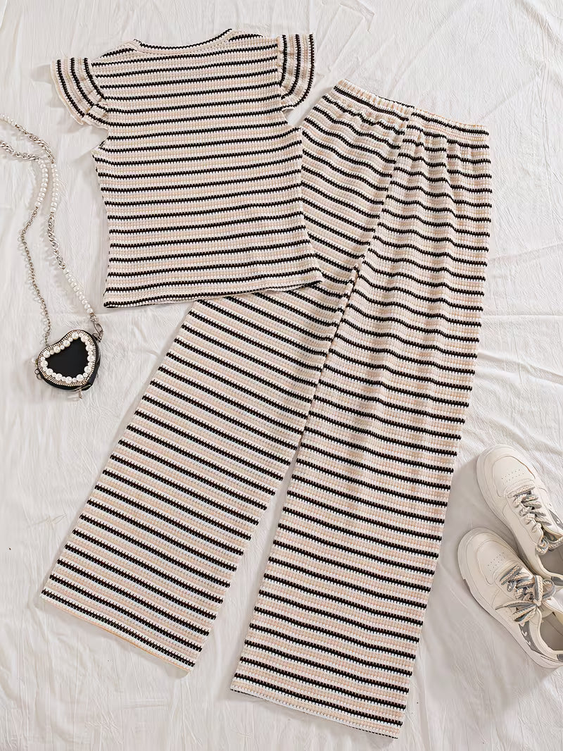 Summer Casual Outfit, Striped Round Neck Short Sleeve Top with Loose Striped Straight-Leg Pants, Brown Striped 2pcs Set, Girls' Daily Wear