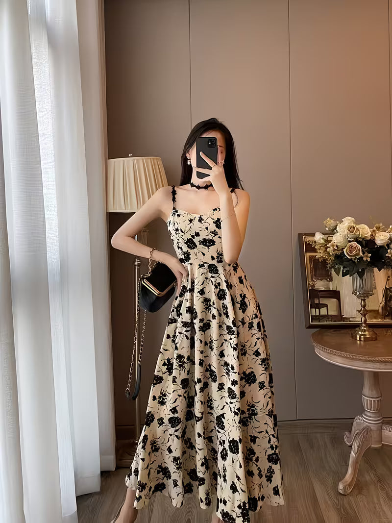 Bohemian Floral Print Spaghetti Suspender Dress for Women, New Spring French-Style Vintage Hepburn-Inspired High-End Temperament Party Outdoor Gathering Ready-to-Wear Long Evening Dress